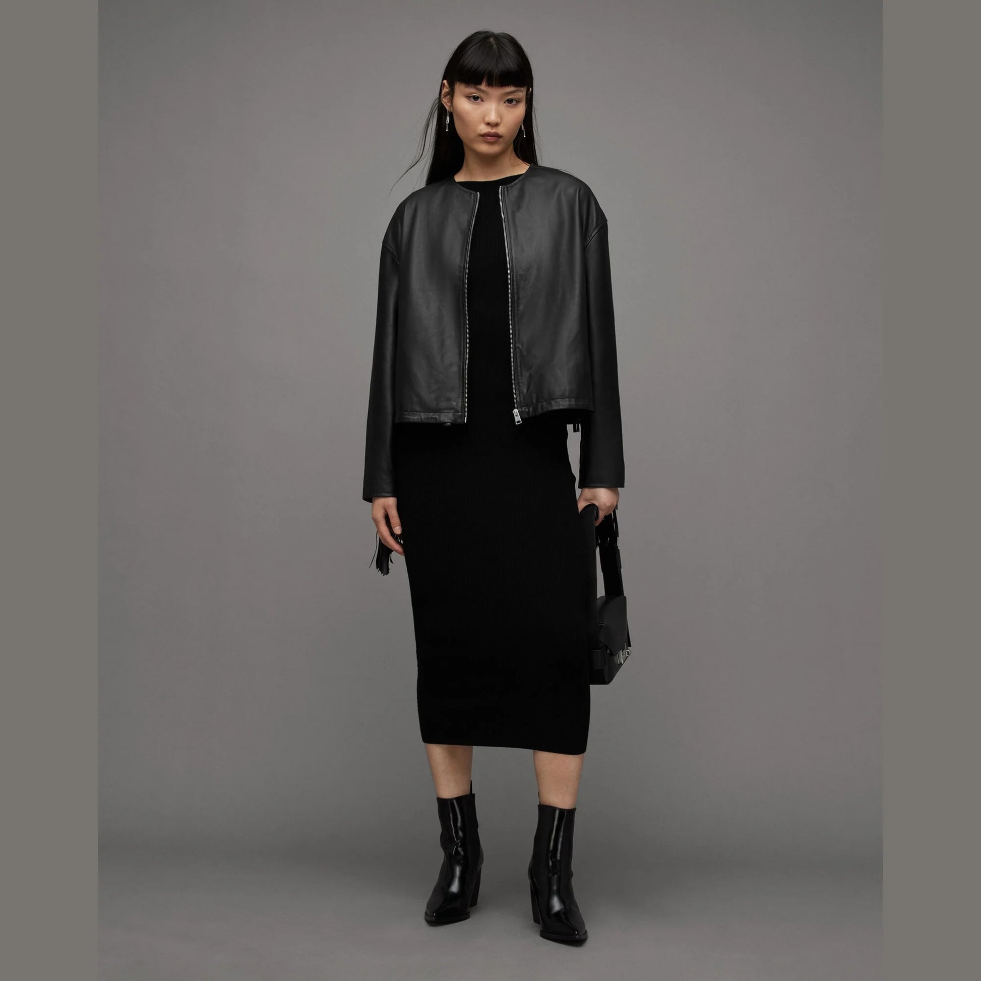 Black Zip-Front Jacket with Fringe Sleeves