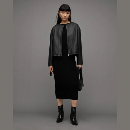 Black Zip-Front Jacket with Fringe Sleeves