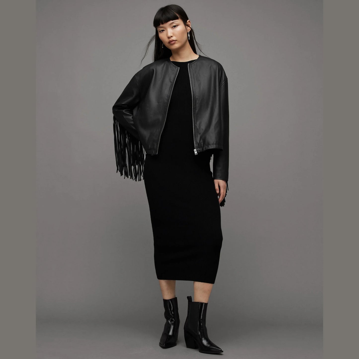 Black Zip-Front Jacket with Fringe Sleeves