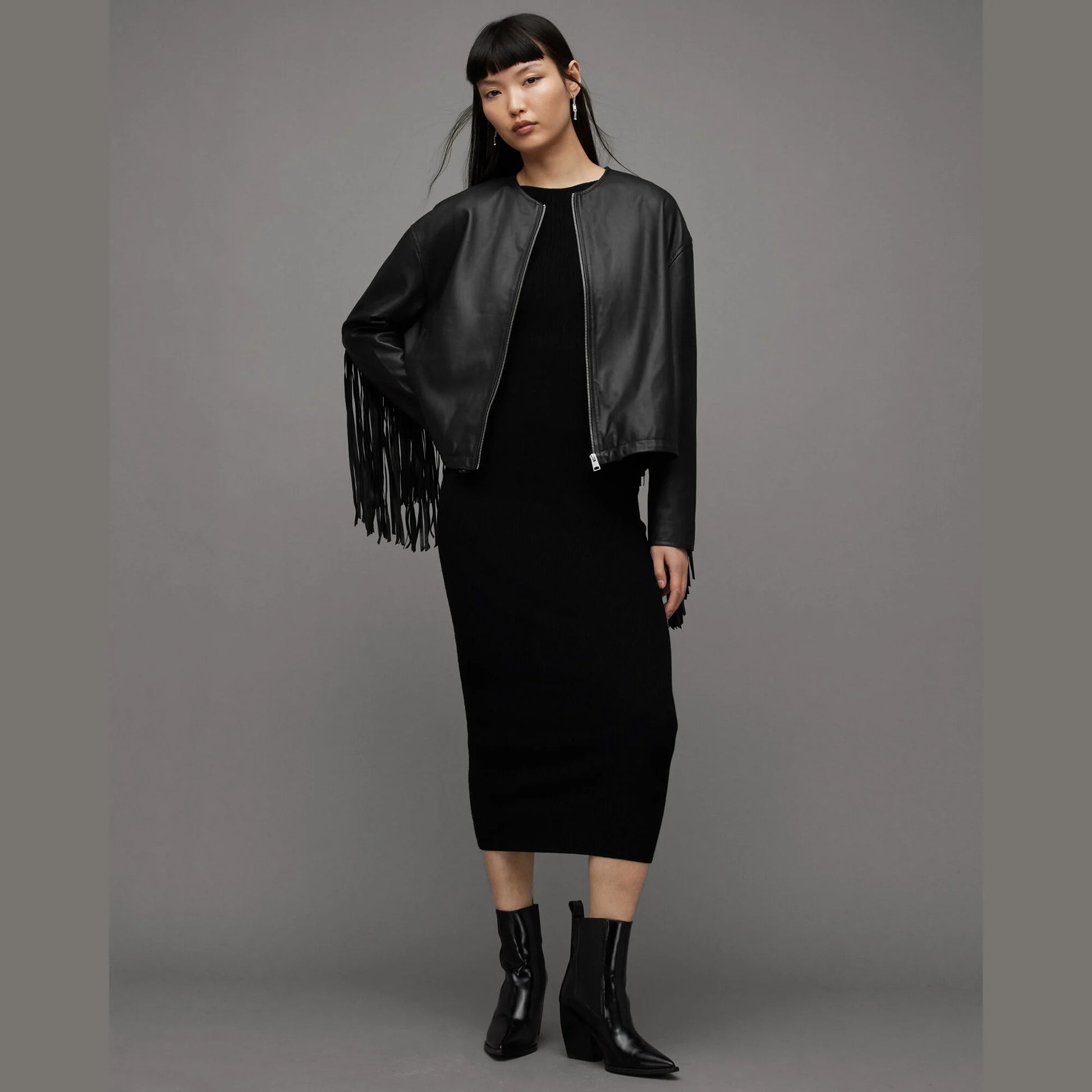Black Zip-Front Jacket with Fringe Sleeves