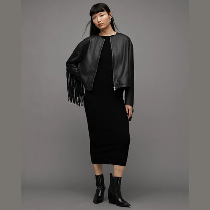 Black Zip-Front Jacket with Fringe Sleeves