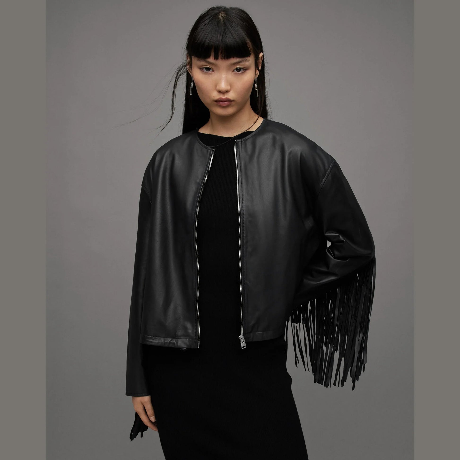 Black Zip-Front Jacket with Fringe Sleeves