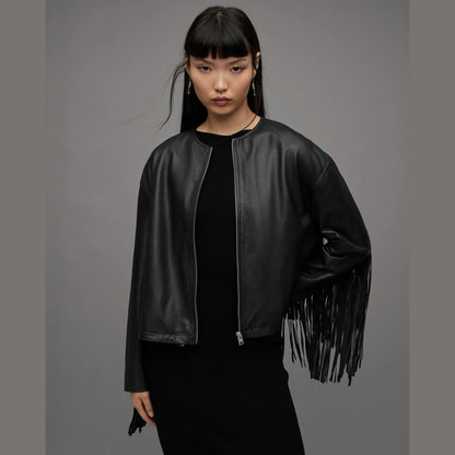Black Zip-Front Jacket with Fringe Sleeves