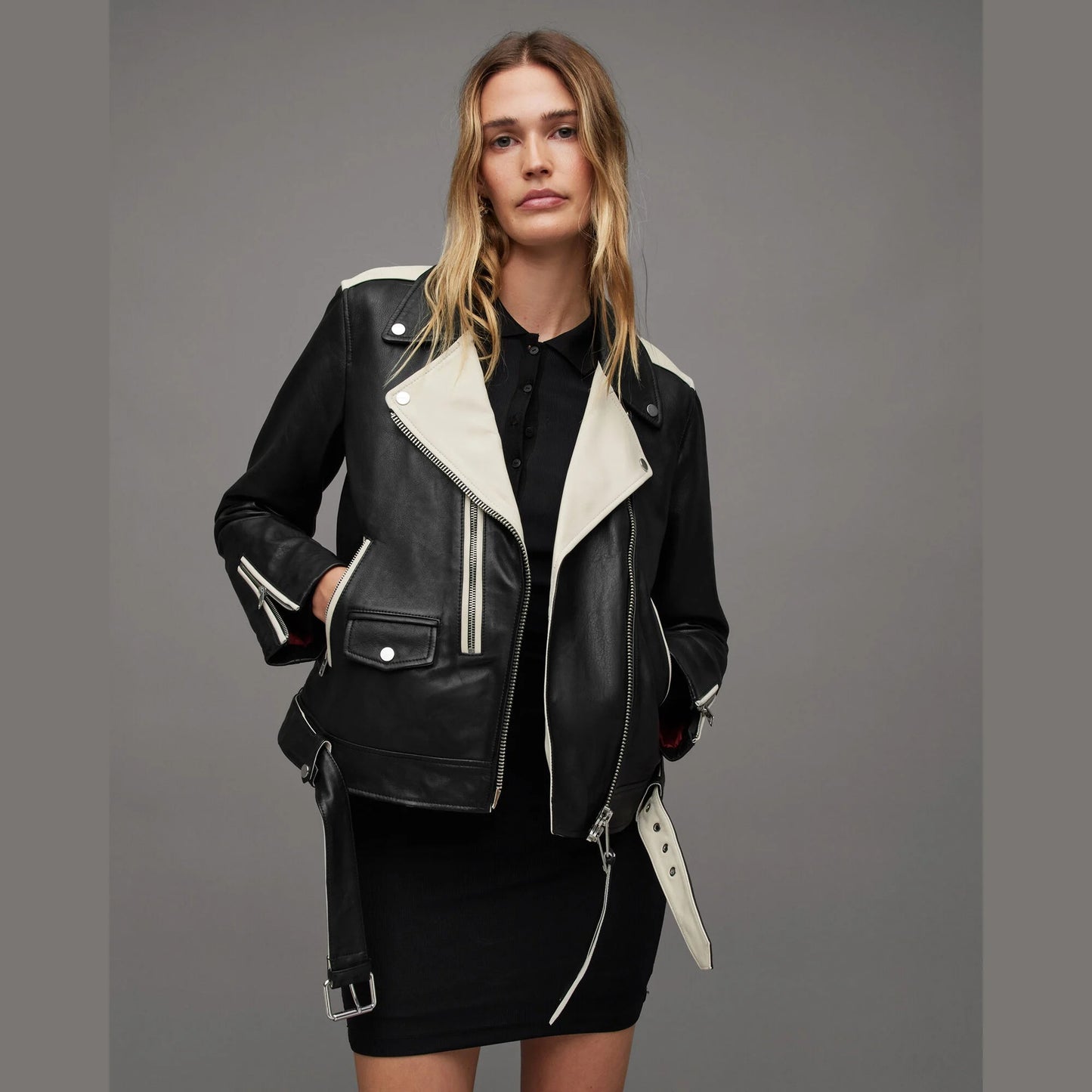 Black and White Biker Jacket with Contrast Lapels