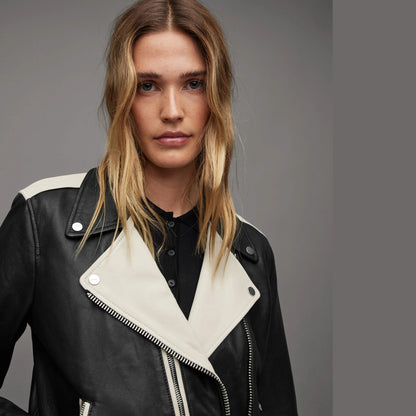 Black and White Biker Jacket with Contrast Lapels