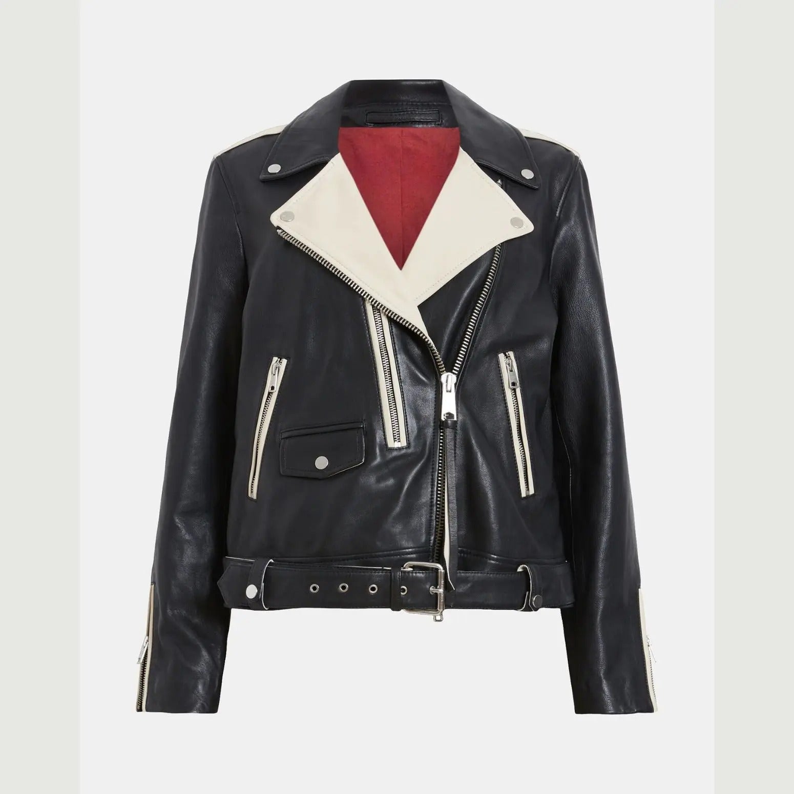 Black and White Biker Jacket with Contrast Lapels