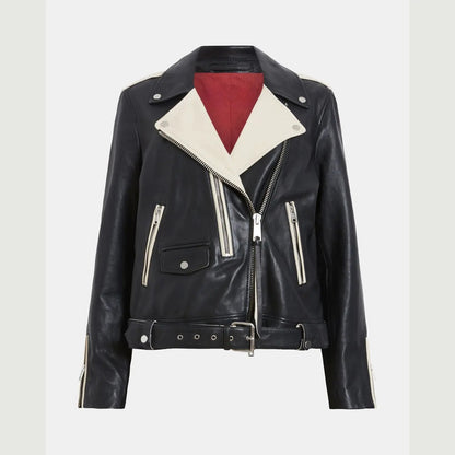 Black and White Biker Jacket with Contrast Lapels