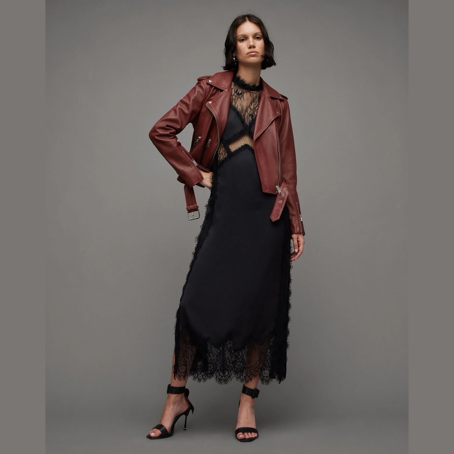 Burgundy Biker Jacket with Belted Hem
