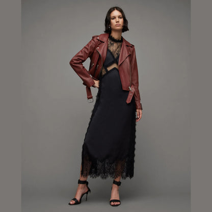 Burgundy Biker Jacket with Belted Hem