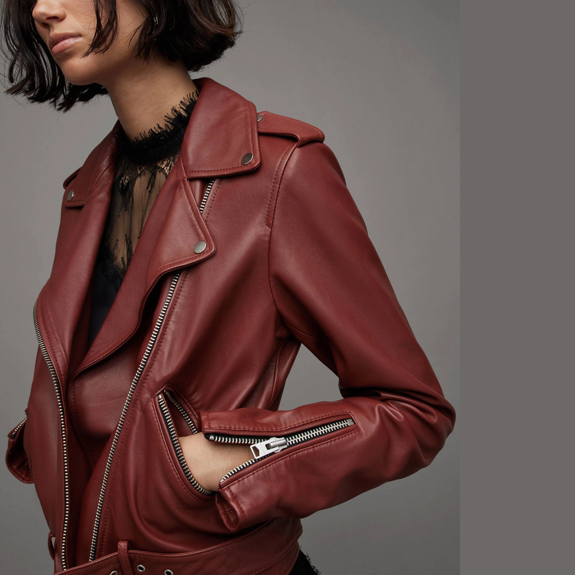 Burgundy Biker Jacket with Belted Hem