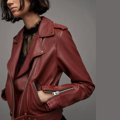 Burgundy Biker Jacket with Belted Hem