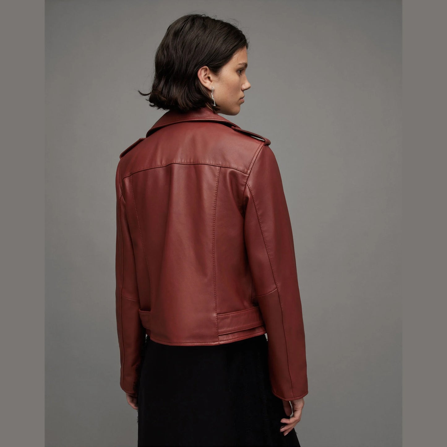 Burgundy Biker Jacket with Belted Hem
