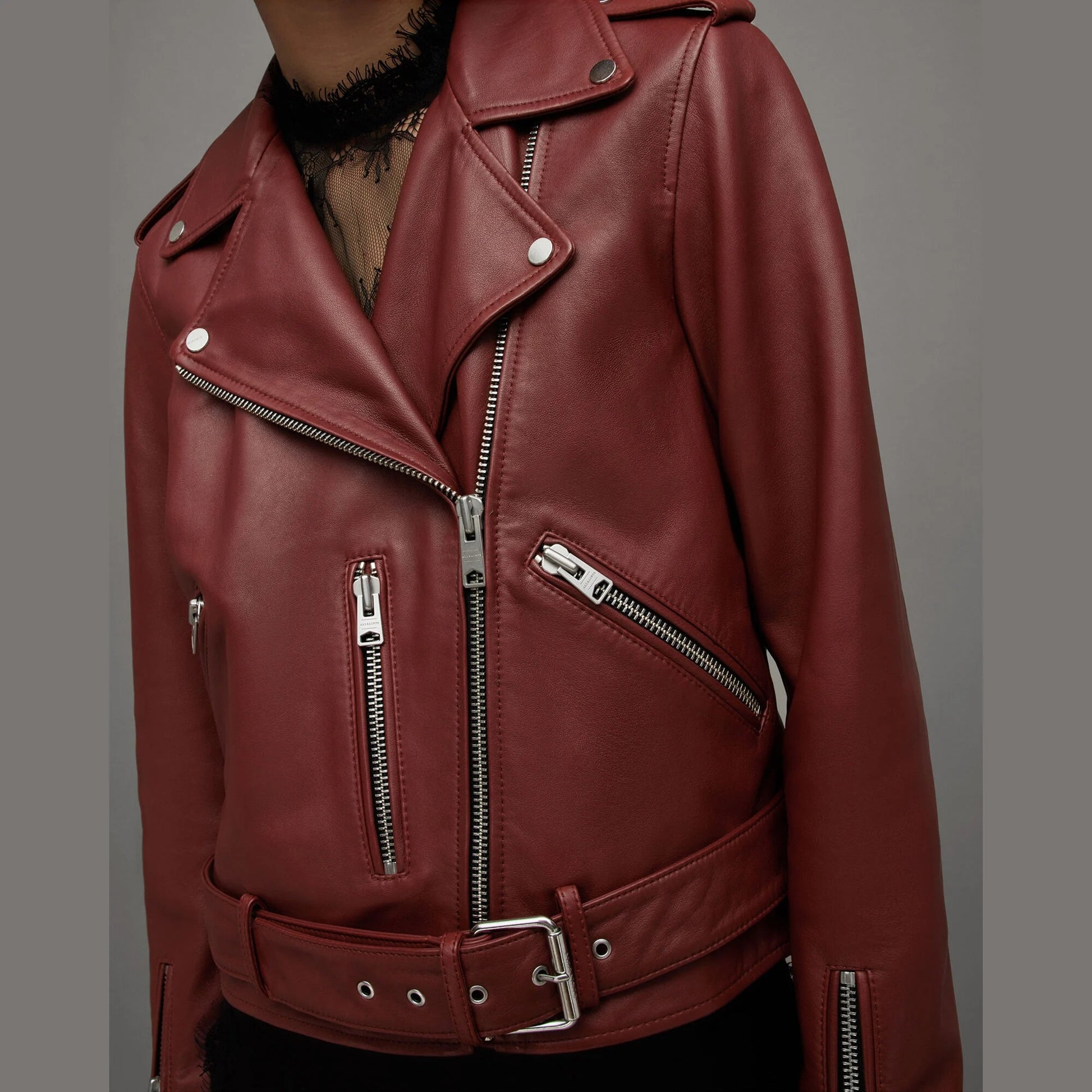 Burgundy Biker Jacket with Belted Hem