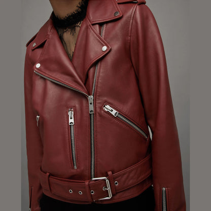 Burgundy Biker Jacket with Belted Hem