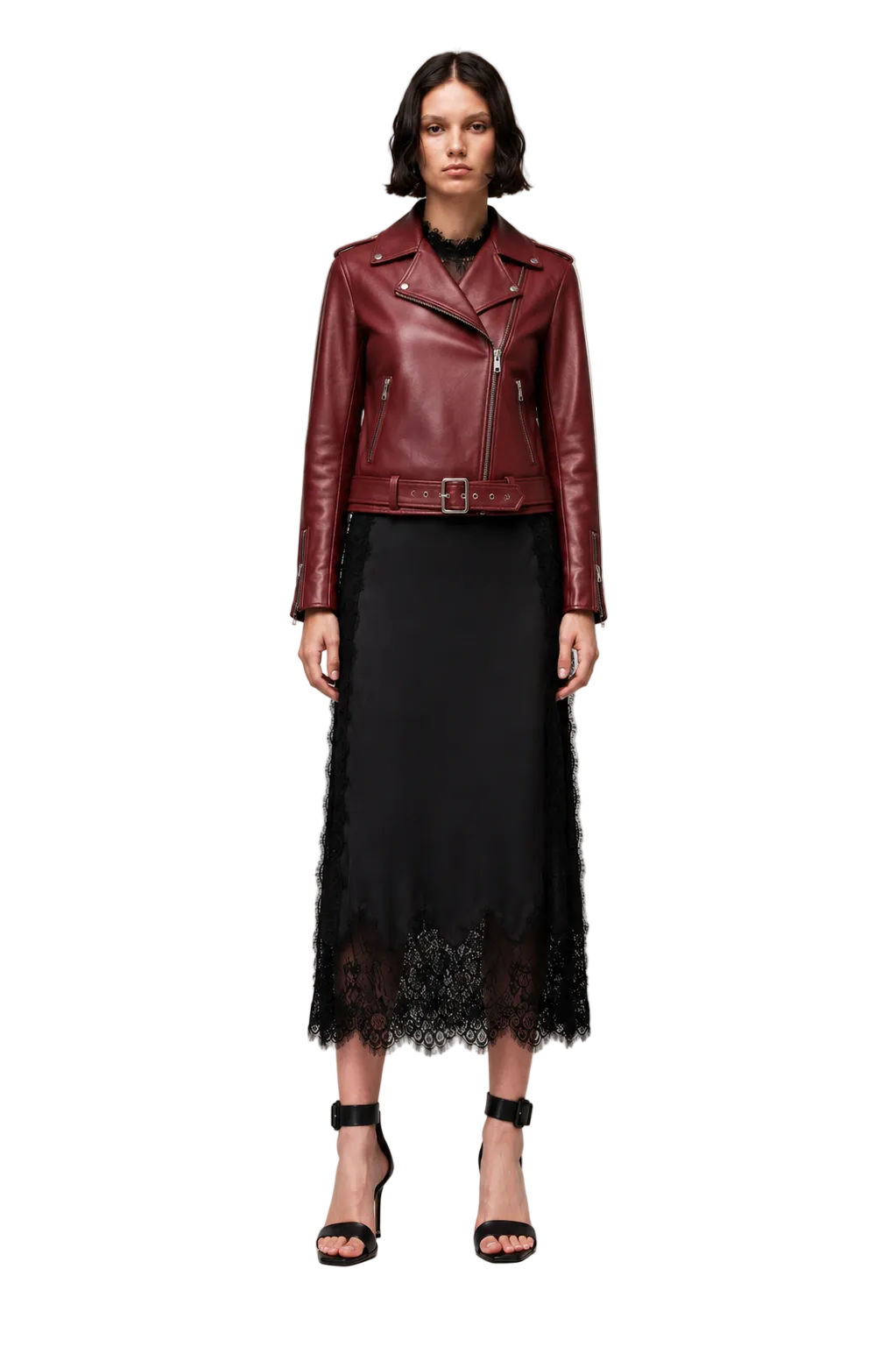 Burgundy Biker Jacket with Belted Hem