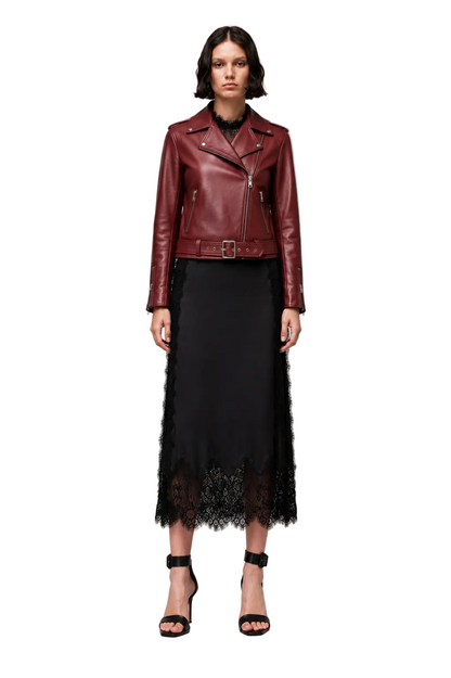 Burgundy Biker Jacket with Belted Hem