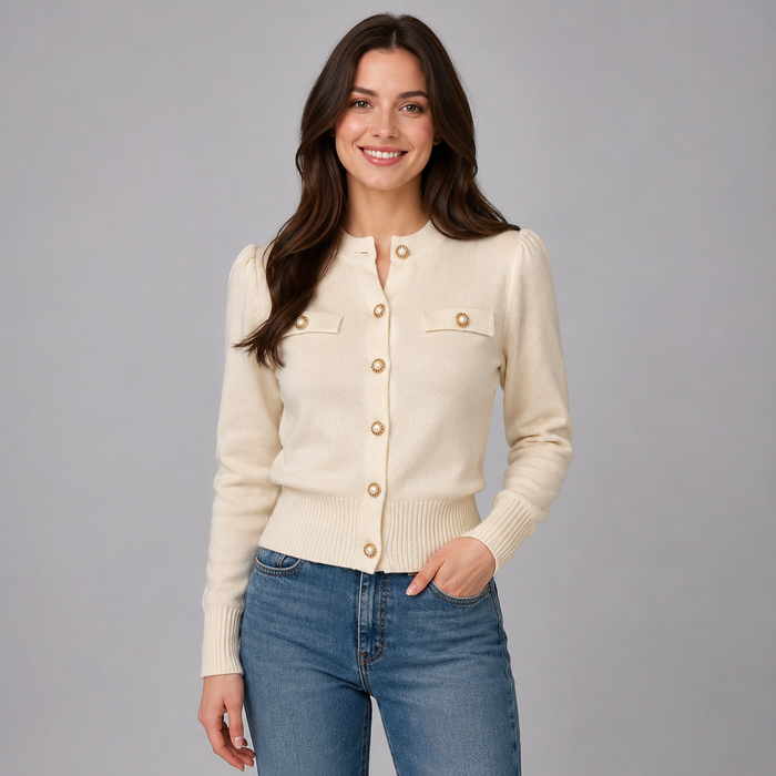 Women's Cardigan Cropped Round Neck Gold Button