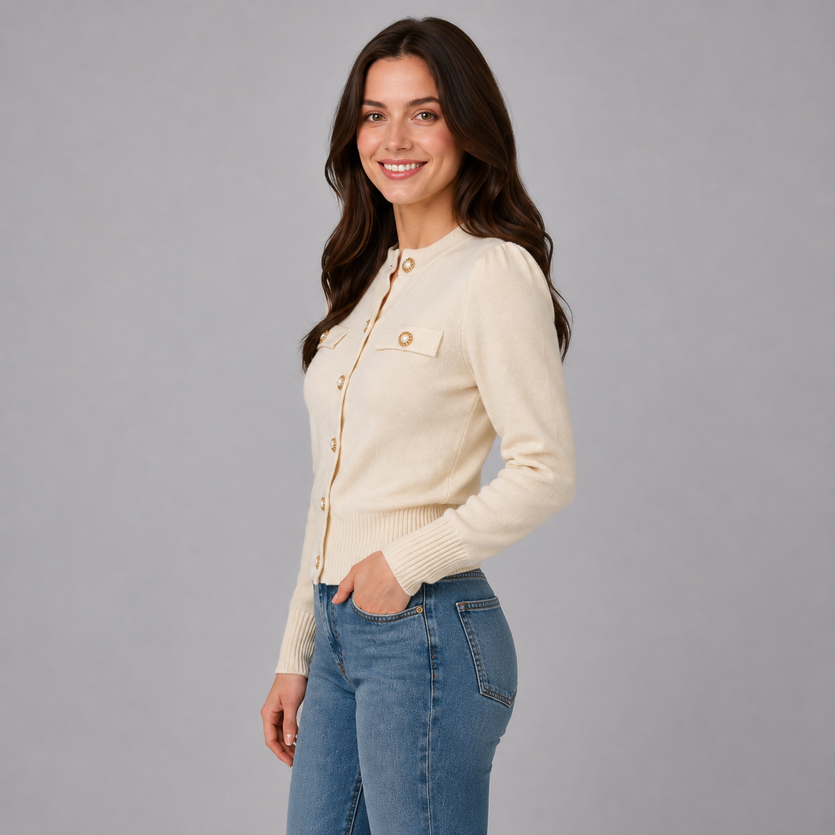 Women's Cardigan Cropped Round Neck Gold Button