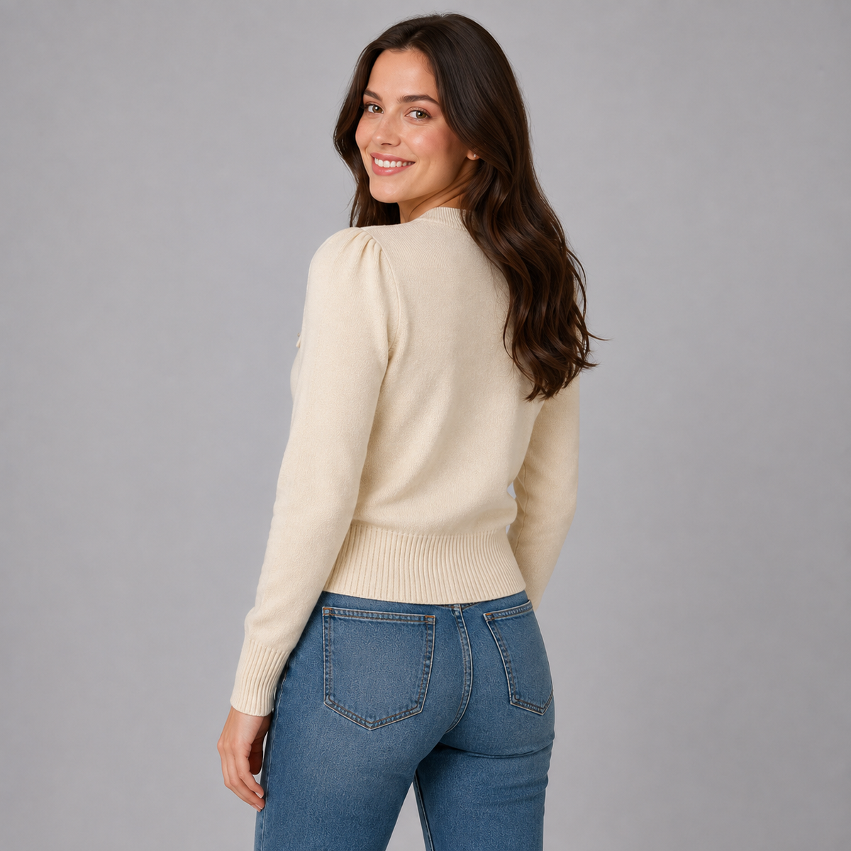 Women's Cardigan Cropped Round Neck Gold Button