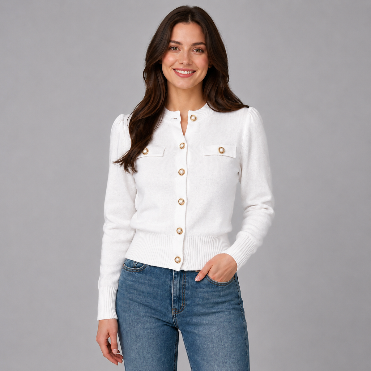 Women's Cardigan Cropped Round Neck Gold Button
