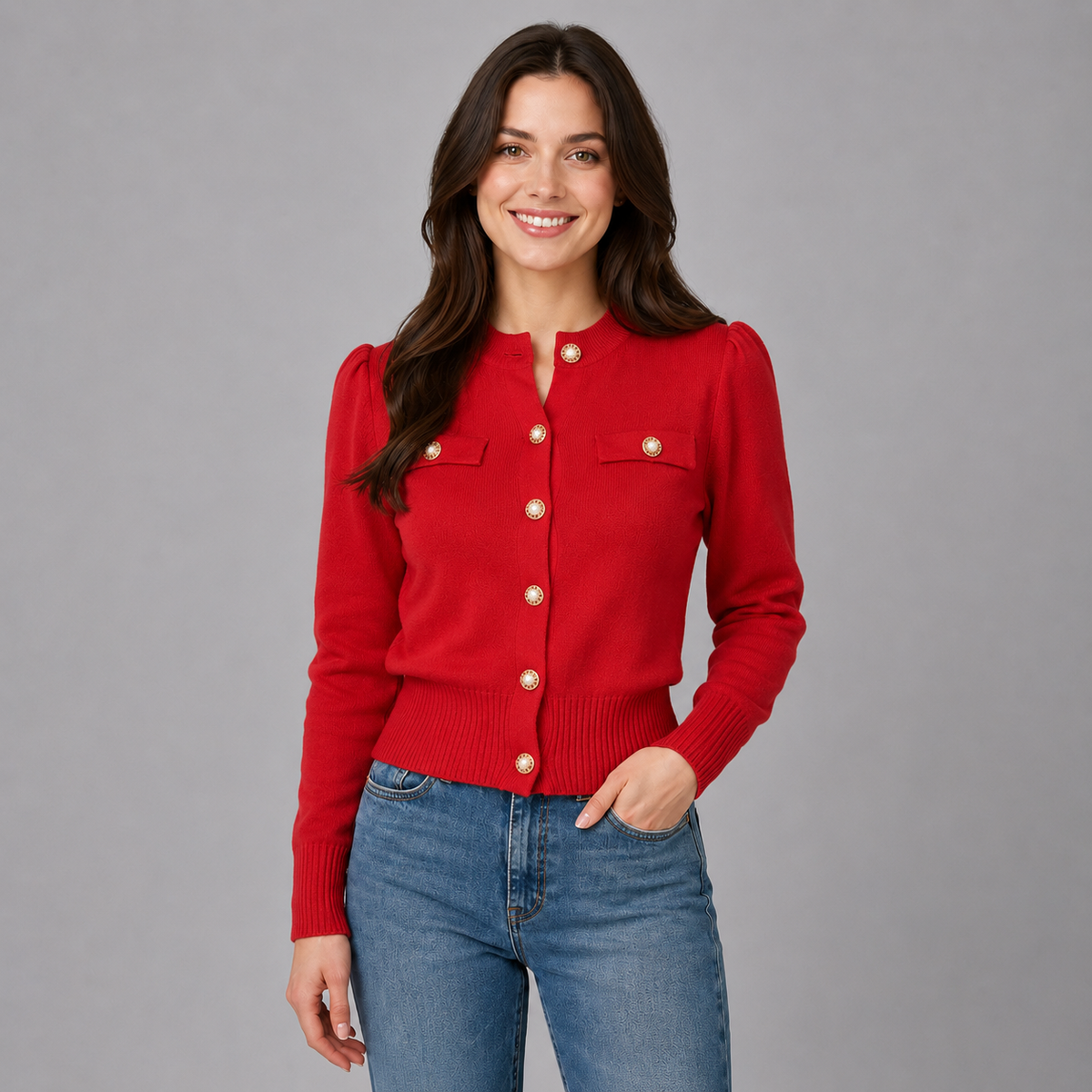 Women's Cardigan Cropped Round Neck Gold Button