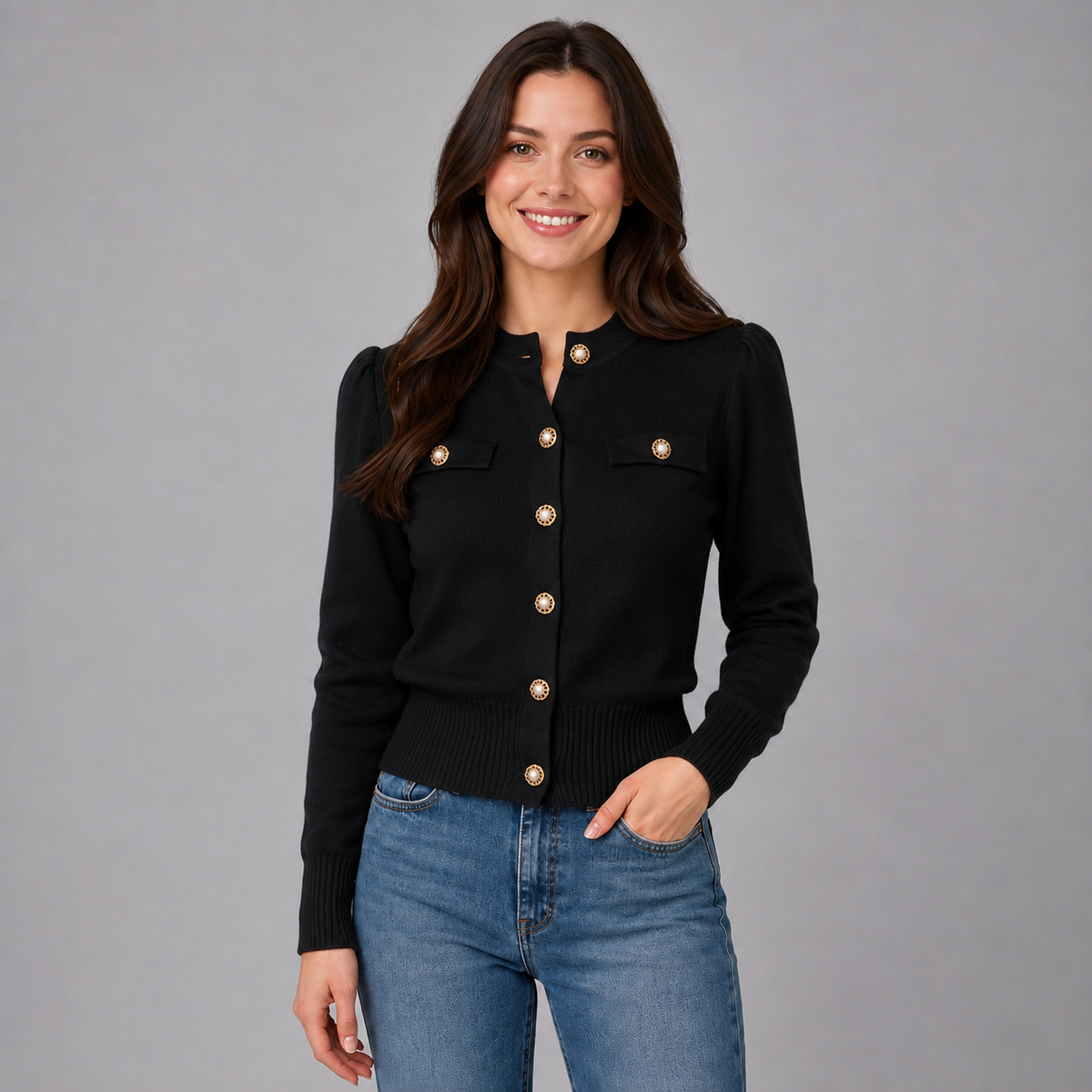 Women's Cardigan Cropped Round Neck Gold Button