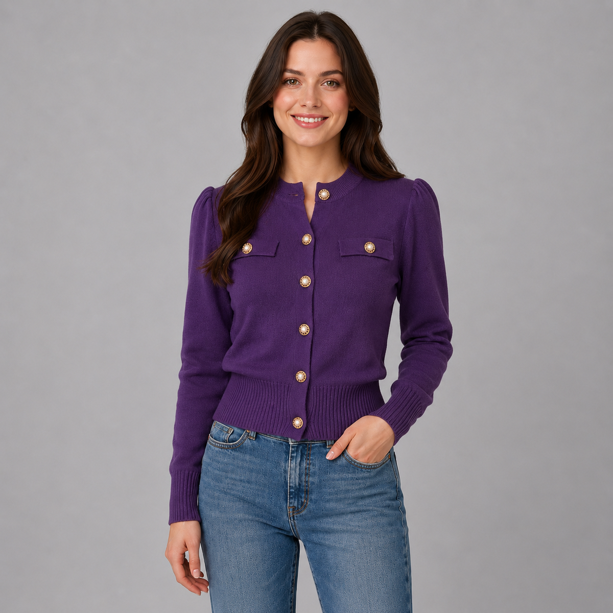 Women's Cardigan Cropped Round Neck Gold Button