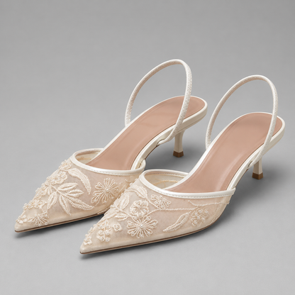 Women's Embroidered Mesh Kitten Heel Slingbacks