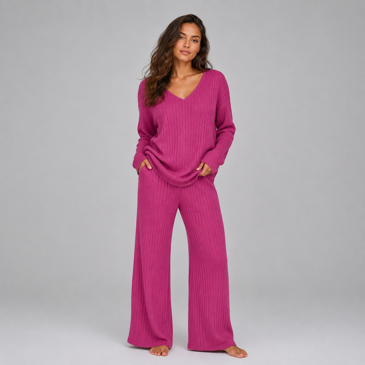Women's Lounge Set Ribbed Knit V-Neck Wide Leg
