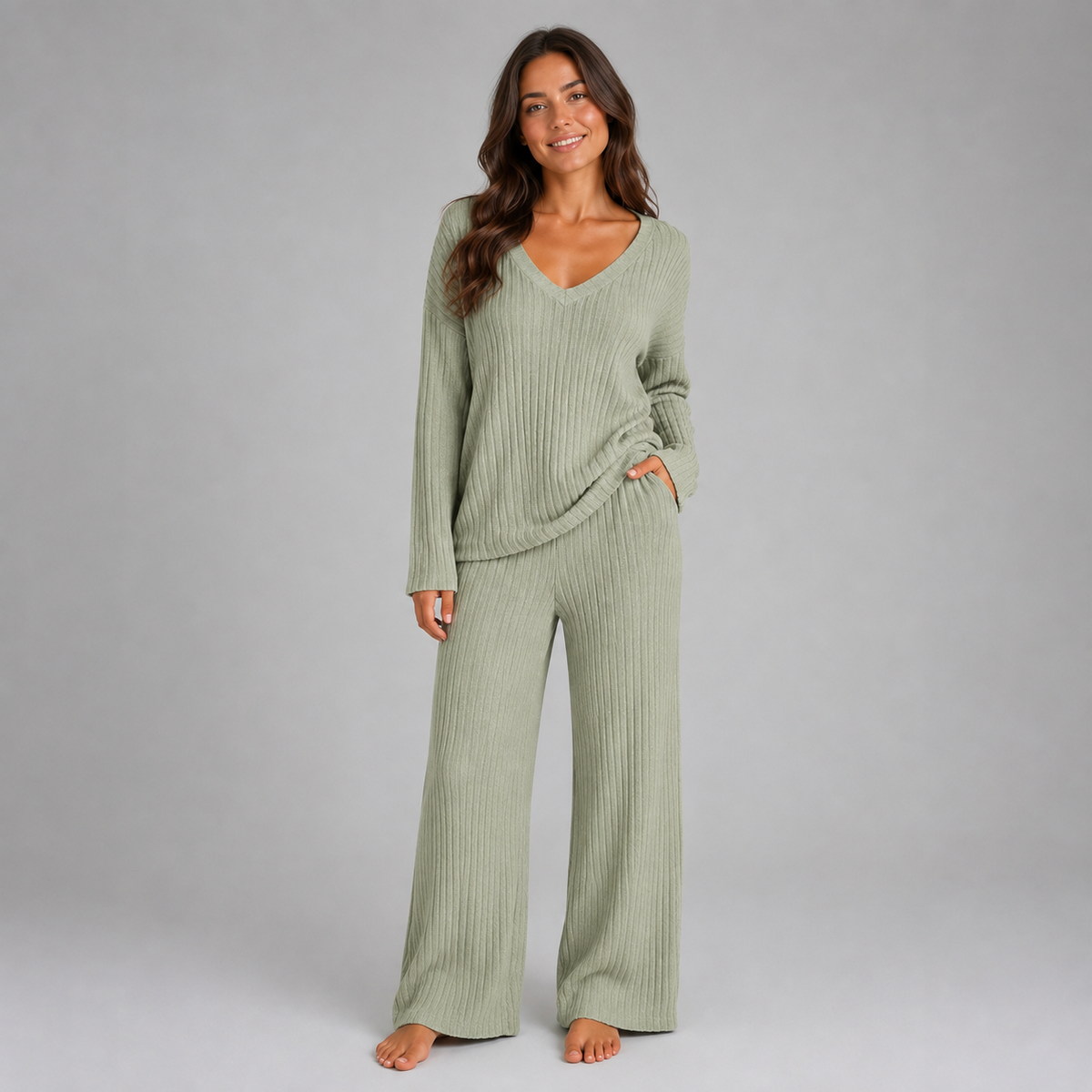 Women's Lounge Set Ribbed Knit V-Neck Wide Leg
