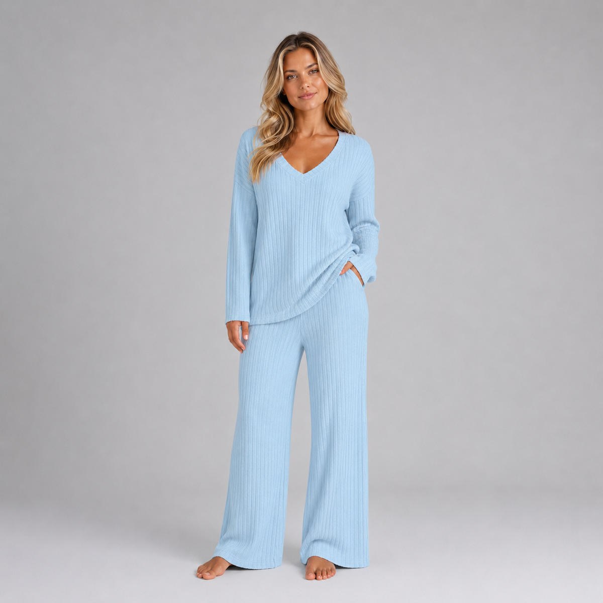 Women's Lounge Set Ribbed Knit V-Neck Wide Leg