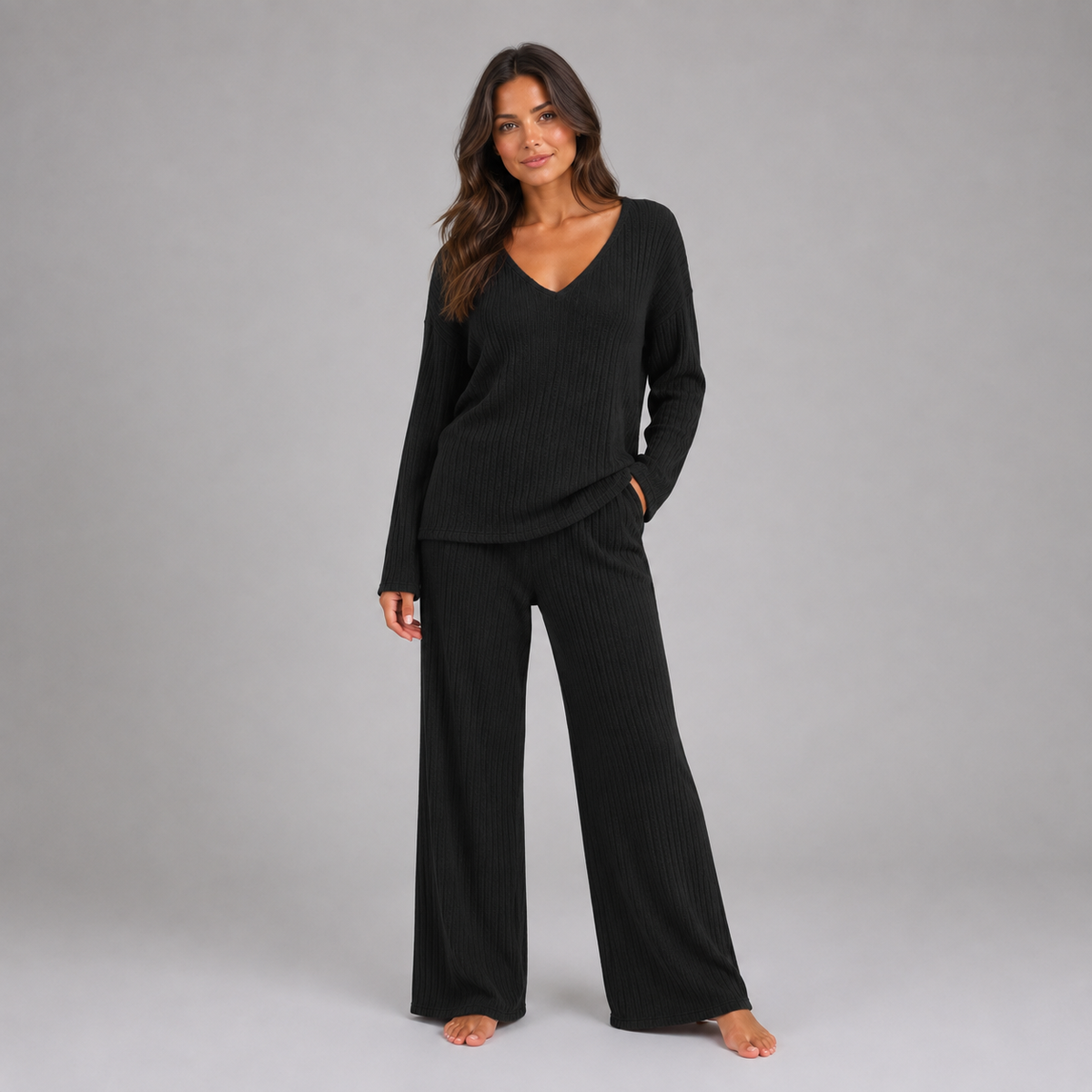Women's Lounge Set Ribbed Knit V-Neck Wide Leg