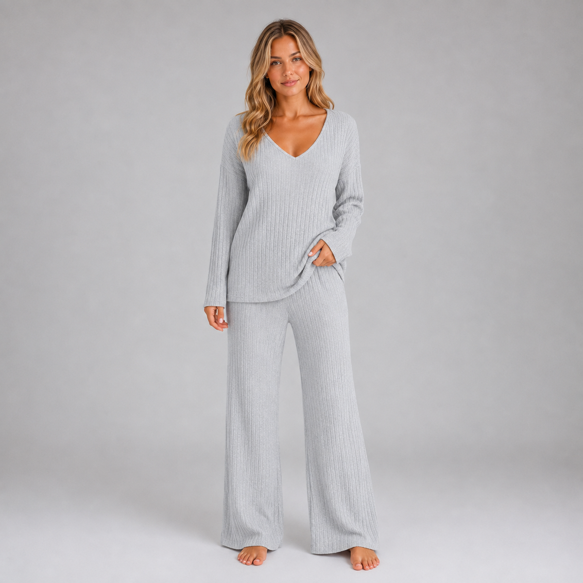 Women's Lounge Set Ribbed Knit V-Neck Wide Leg