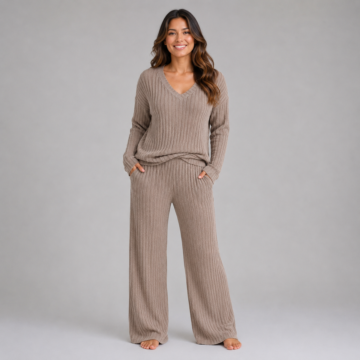 Women's Lounge Set Ribbed Knit V-Neck Wide Leg