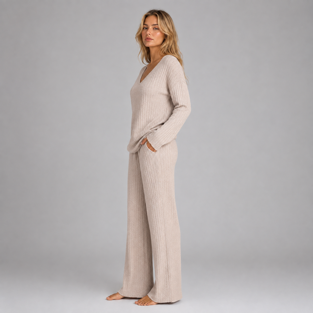 Women's Lounge Set Ribbed Knit V-Neck Wide Leg