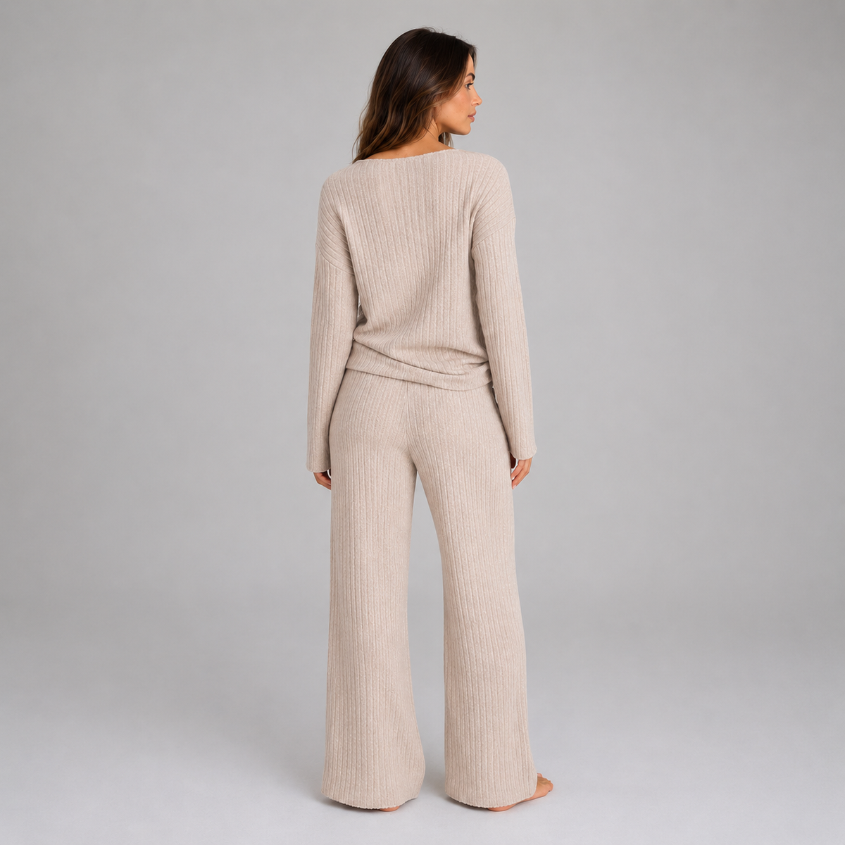 Women's Lounge Set Ribbed Knit V-Neck Wide Leg