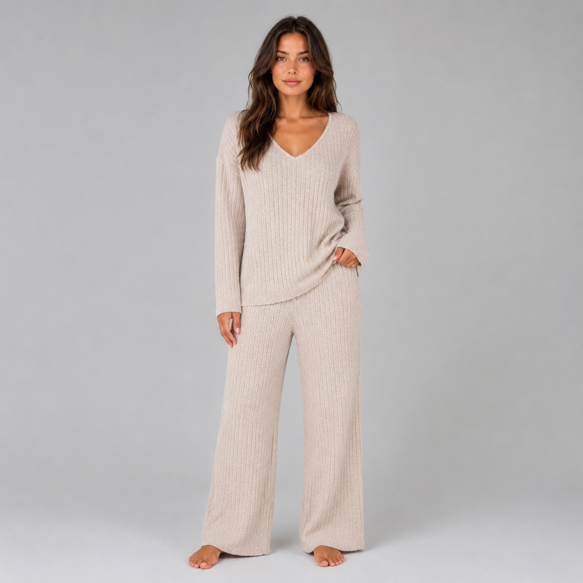 Women's Lounge Set Ribbed Knit V-Neck Wide Leg