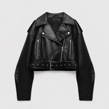 Women's Leather-Look Belted Biker Jacket