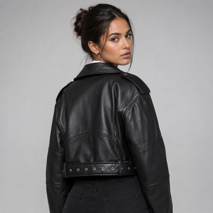 Women's Leather-Look Belted Biker Jacket