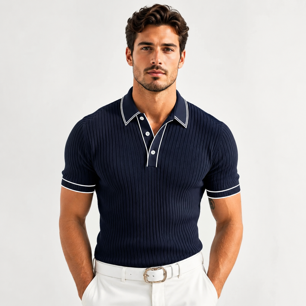 Men's Ribbed-Knit Polo Shirt with Contrast Trim