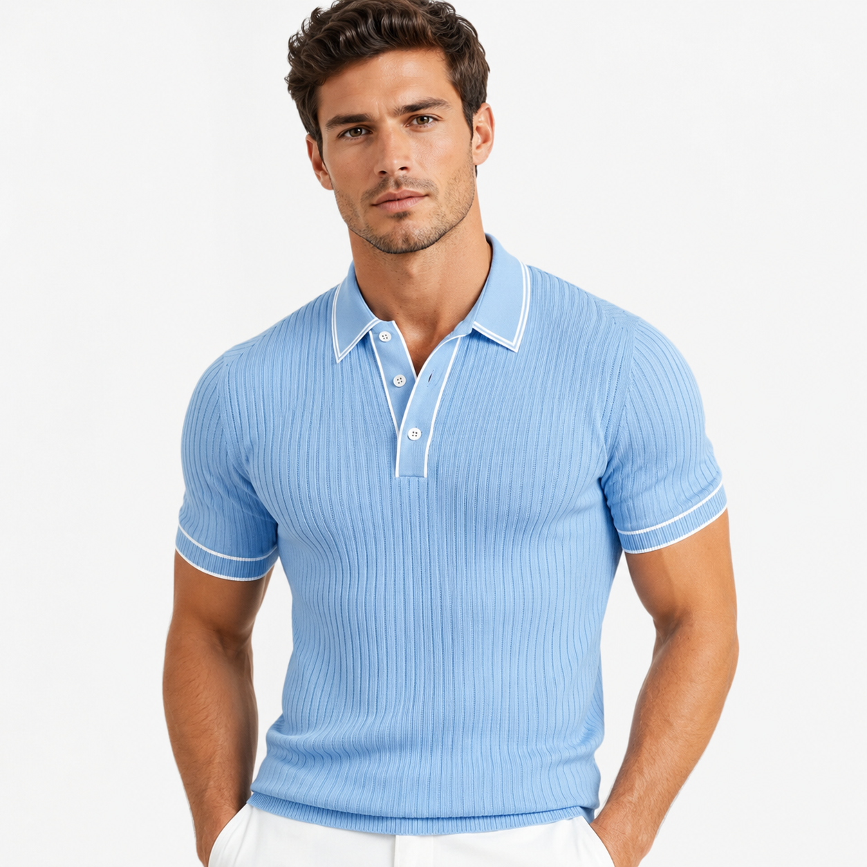 Men's Ribbed-Knit Polo Shirt with Contrast Trim