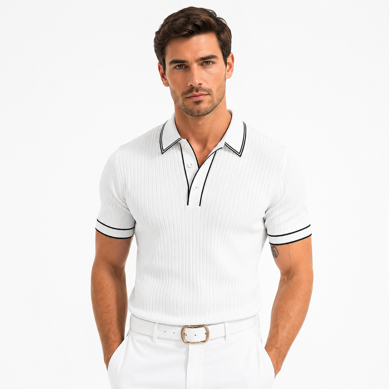Men's Ribbed-Knit Polo Shirt with Contrast Trim