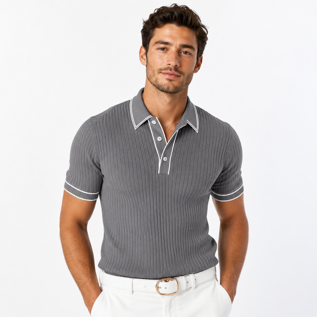 Men's Ribbed-Knit Polo Shirt with Contrast Trim
