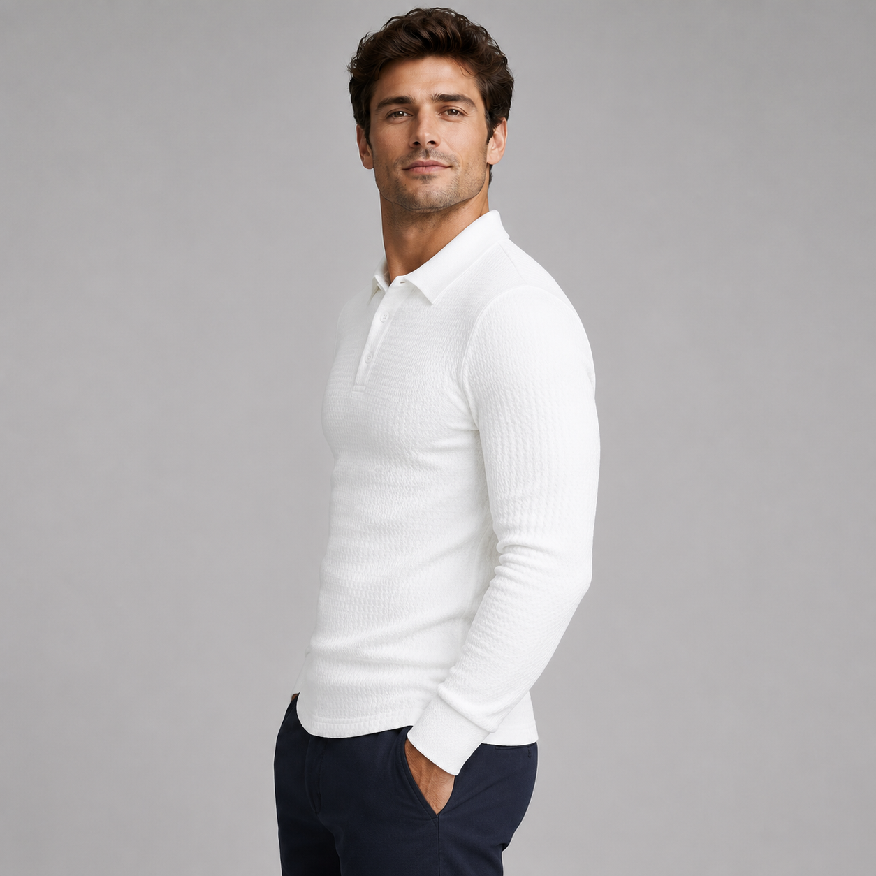 Men's Ribbed Polo Sweater with Long Sleeves