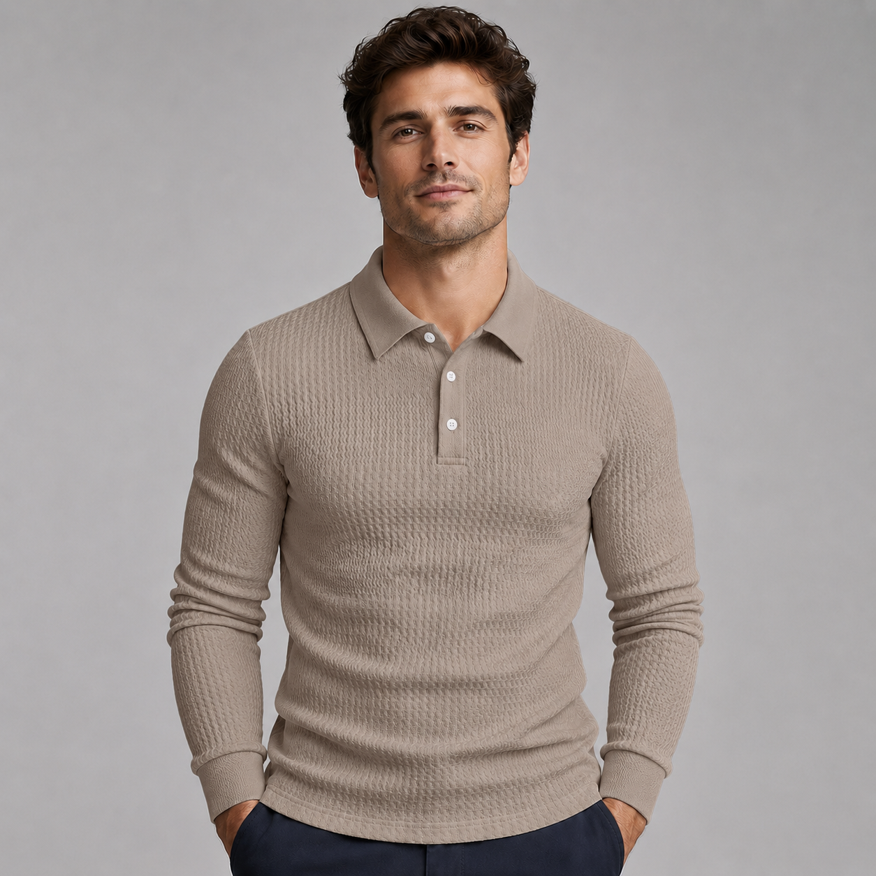 Men's Ribbed Polo Sweater with Long Sleeves