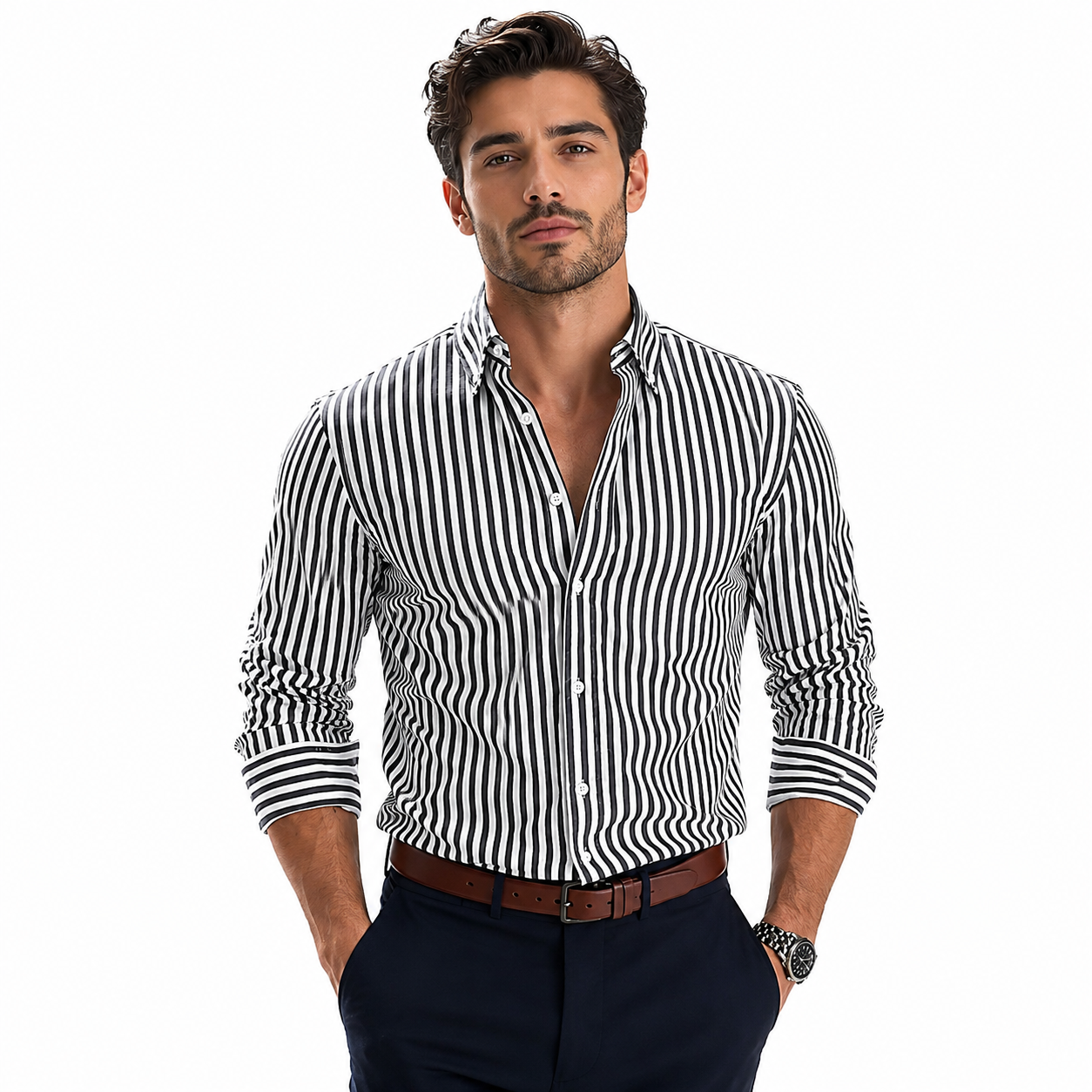 Men's Striped Slim-Fit Long-Sleeve Button-Up Shirt