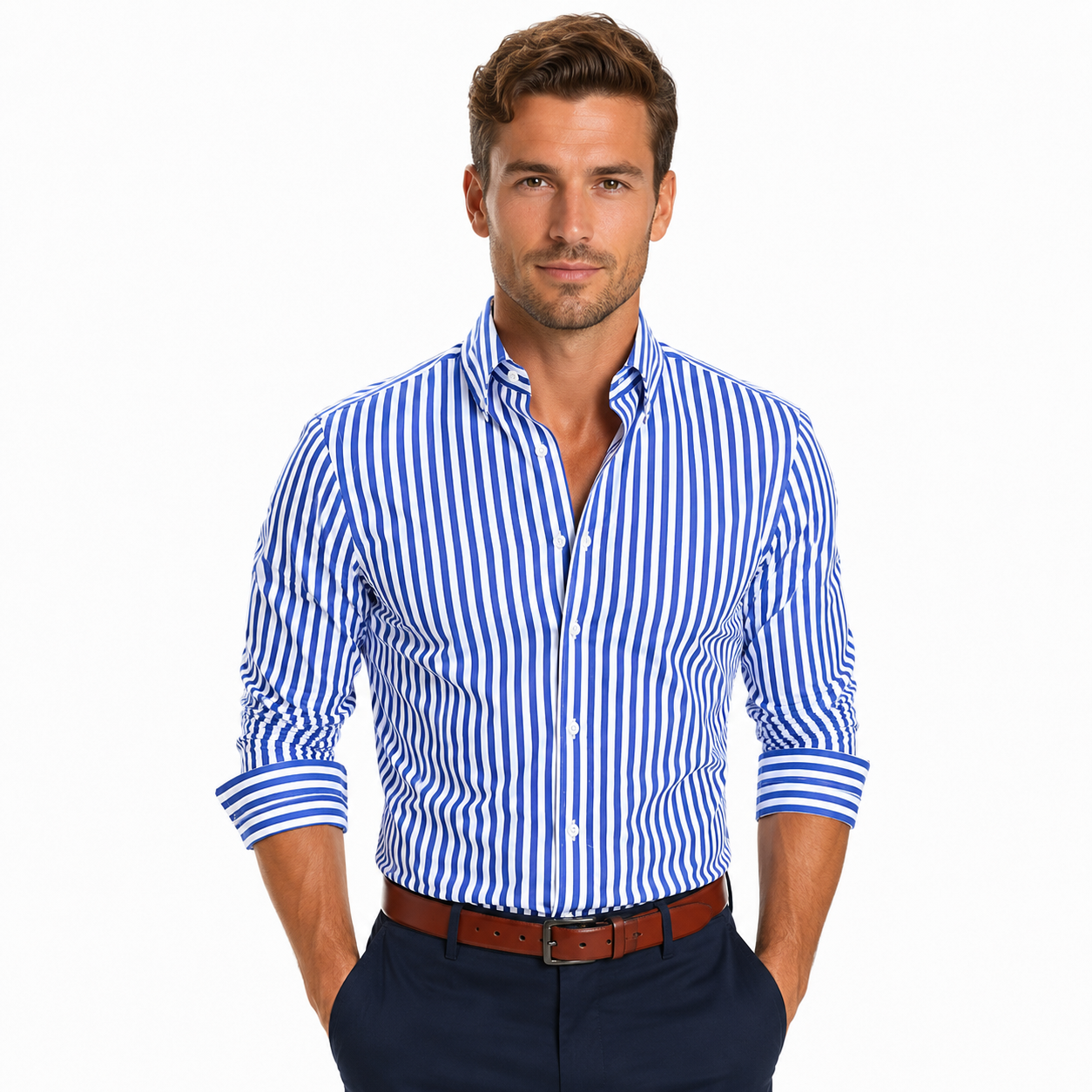 Men's Striped Slim-Fit Long-Sleeve Button-Up Shirt