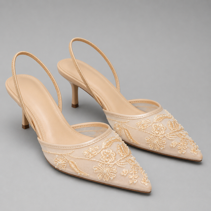 Women's Embroidered Mesh Kitten Heel Slingbacks