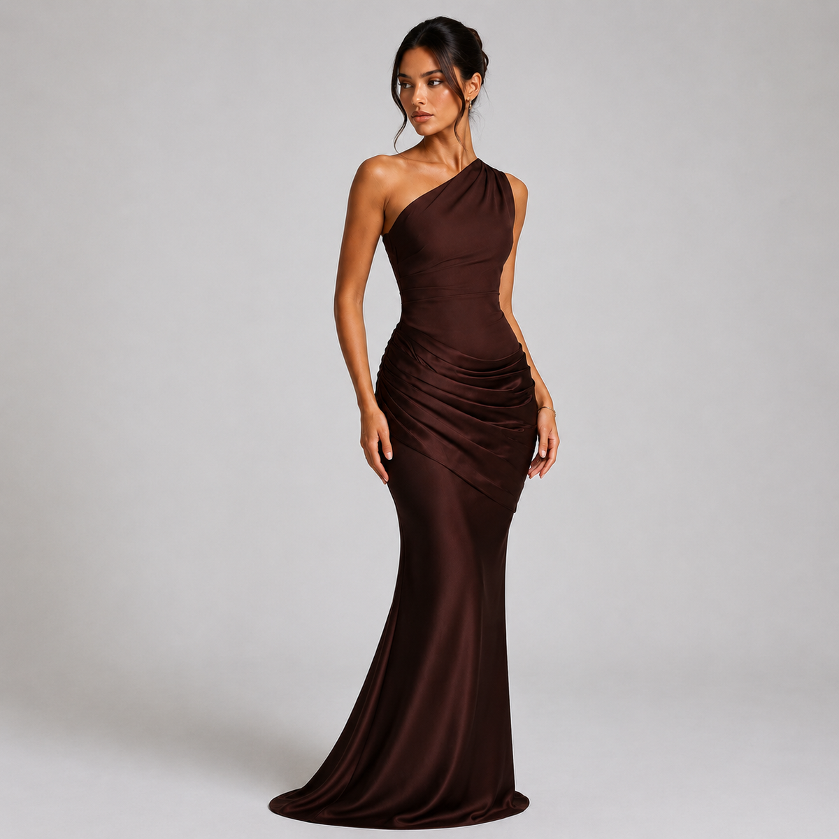 Women's Draped Waist Satin Maxi Wedding Guest Dress