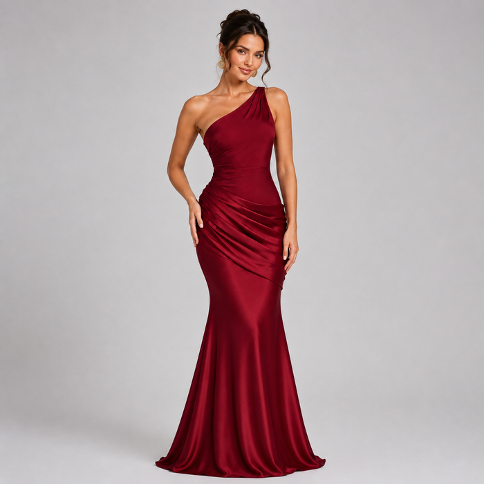 Women's Draped Waist Satin Maxi Wedding Guest Dress